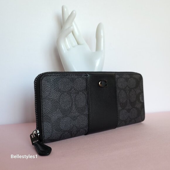 COACH Boxed Slim Accordion Signature Canvas & Leather Wallet w Back-slip pocket⭐ - Picture 3 of 16